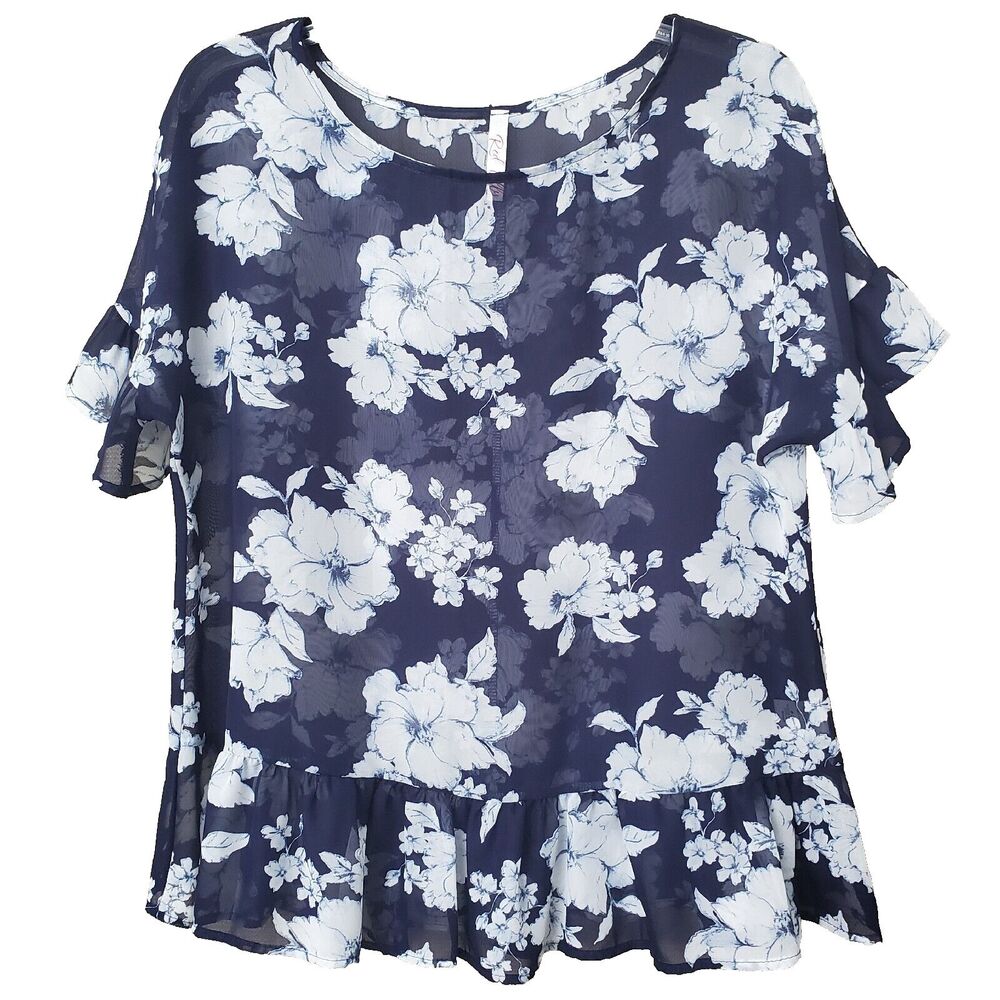 Red Lolly Semi-Sheer Peplum Hem Blue Floral Blouse Size Small